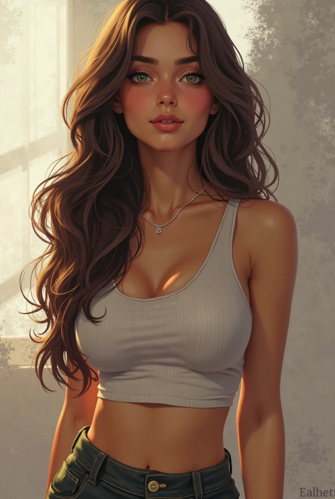 A dark skinned anime girl, a delicate brown skin tone, dressed in a loose sweatshirt, with big breasts