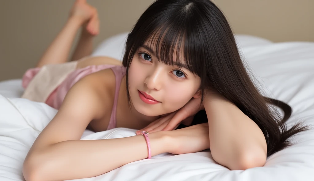 An ultra-high picture quality、Perfect Photo、13-year-old beautiful girl、Japan beautiful girl、middle school girl、light skinned、slender、tiny chest、lying on the bed、a miniskirt、With bangs、ankle、angry looking face、Reluctant face、Prone eyes、Semi-long hair、girl's own room、toe、sole of feet、thighs thighs thighs thighs、Calf、all-fours、lying back on、Skinny Legs、