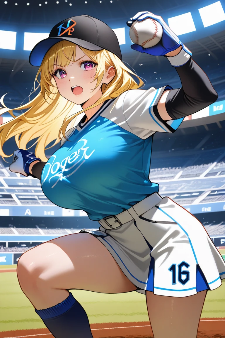 Highest quality,masterpiece,Blonde with blue eyes、Cheerleader,cheerponpon,(HANSHIN koshien BaseballStadium1.1),Be in the audience,Beautiful breasts、Twin tails、Girl's cute eyes,,jumping,under boob,enjoy,