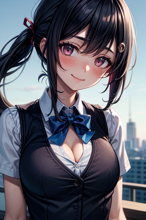 (high quality, 8k, 4K, High Contrast, masterpiece:1.2, 最high quality, Best aesthetics), beauty, Maid, Very detailed, Seductive and erotic girl with lace headdress, smile, (Big Breasts, Black Hair, Twin tails), Focus on the face, Focus on the face, Complex eyes, tights, 40デニールの黒tights, coffee shop, Low angle shot, Viewers looking up,