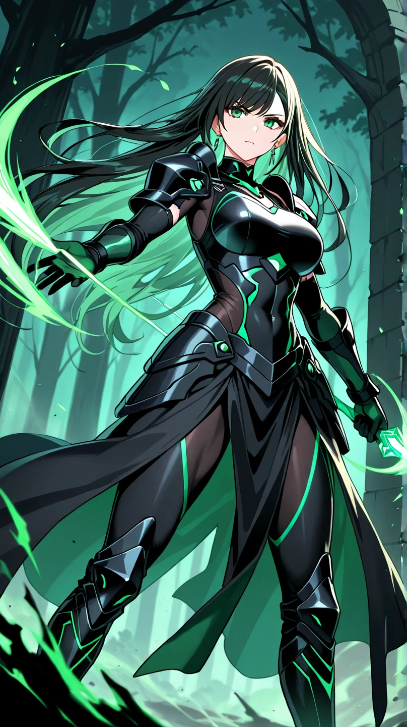 Green fluorescent long hair, golden forehead protector for women, black fluorescent armor, chest, cleavage, iron armor, skirt, iron boots, naginata, whole body, dark clouds and lightning