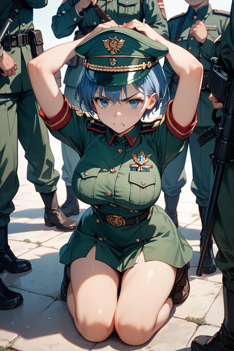High resolution,high resolution,Girl,(Unshaven,Braiding,Dark green hair,Short Hair,),Grey Eyes,Slanted Eyes,Bad mood,Brown skin,boyish,slender,Military Suits,Soldier,battlefield,trench,Dog Tags,Helmet,Large Breasts,Wet with sweat,bandage,Swimwear,