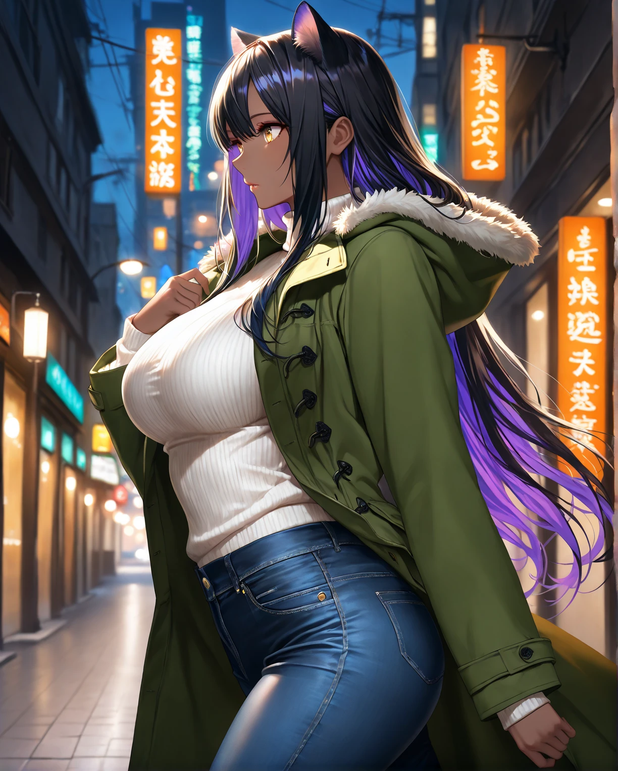 score_9, score_8_up, score_7_up, source_anime BREAK 1girl, pov, Komi Shouko, hypnosis, standing, street at night, heart-shaped pupils, swept bangs, dress, belt, brainwashed, blush, looking at viewer, thigh gap, phone, heart, eye symbol, purple hair, rating_questionable