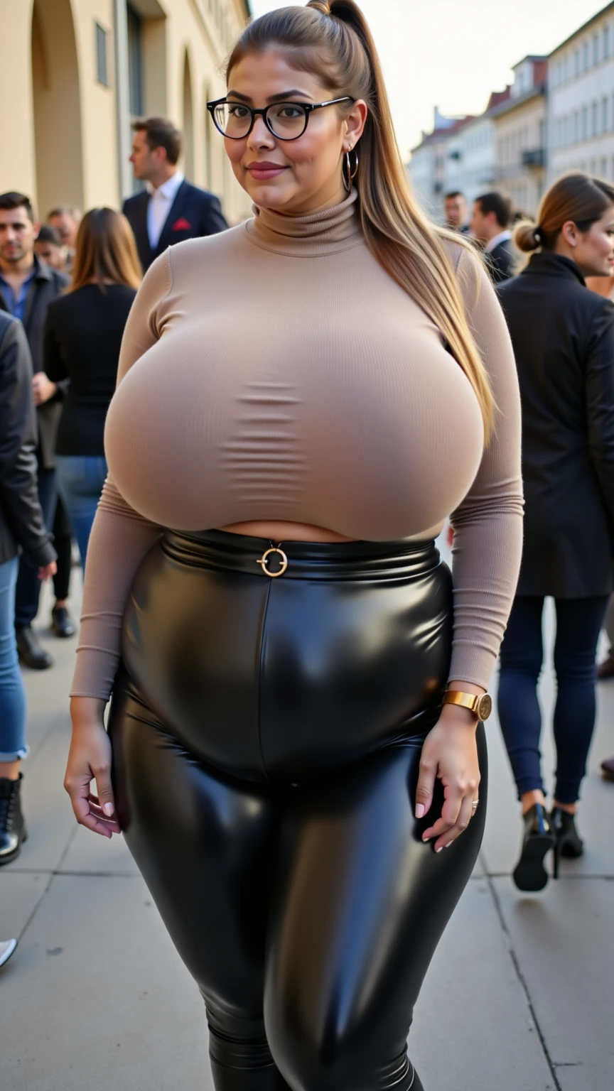 ((1lady, Gray T-shirt)), ((black tight leggings)), ((Standing on the road)), zoom camera in the crotch, angle from selfie), looking to the behind, very smile, blushing, ((background new york cityscape)), distressed, reluctant, glare, (sexual arousal:1.5, ) , NSFW, 8k, RAW photo, masterpiece, absurdity, top quality, high resolution: 1.1, ultra-detail, hyper-realistic: 1.4, realistic, photorealistic: 1.3, cinema light, film grain, closeup, full body, depth of field, eye focus, young, 85mm lens, f/1.5, Professional lighting, portrait, photon mapping, radiocity, physically based rendering, transparency, soft light, realistic face, realistic body, realistic skin, clean: 1.8, silky golden shiny blonde hair, Shiny silky straight hair, hairstyle to match the trend of Japan in 2023, Big tits: 1.2, blusher, good style, (very dark lip gloss, bright red lipstick, so many eyelashes, blue eyes, pitch black eyeshadow big tits), company, camel toe, long legs, PureErosFace_V1: 0.8, dynamic pose