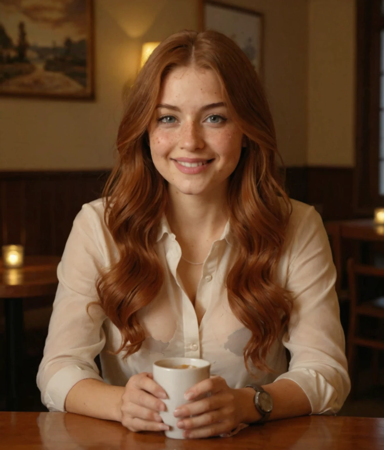 Breathtaking cinematic photo of a 23 year old girl with blonde Haare and braune Augen, Happy, happy expression, geschlossenen Mund, Sehr detailliert,epischer Hollywoodfilm, beautiful, Meisterwerk, Sehr detailliert, detaillierte Hautstruktur, (Blush: 0.5), (Goose flesh: 0.5). (the most Nice woman in the world) (blond Haare stilvoller Schnitt) schmales Gesicht, thin nose, Nice, very Nice, perfekt face, schlank body ((best quality)), ((Ultra resolution)), ((fotorealistisch: 1.4)), (Komplizierte Details), full body. Sit elegantly at the table with your thighs crossed , holds a cup in his hand,( ((red dress )))