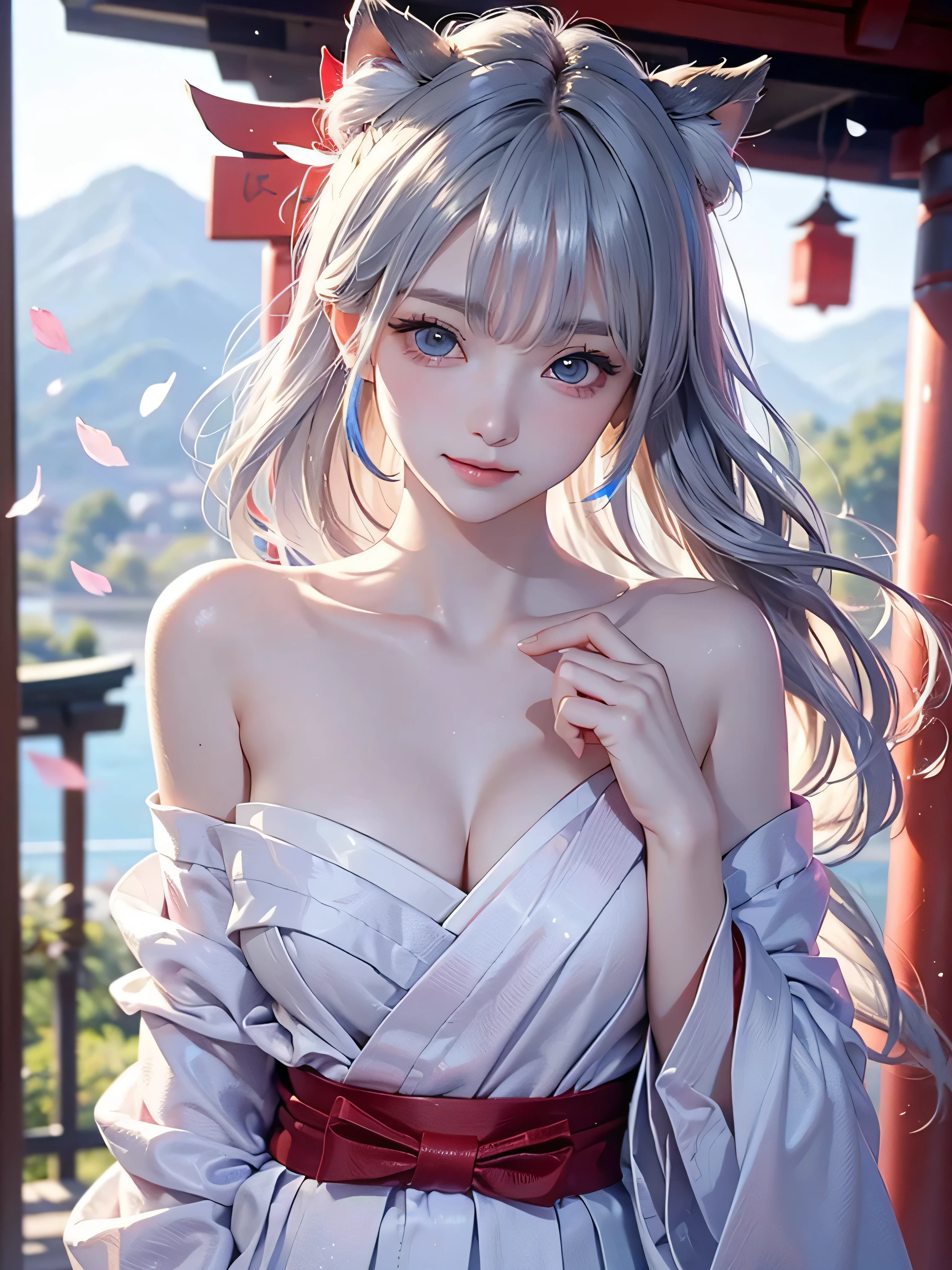 super high quality, masterpiece, Perfect illustration, Very detailed (Exquisite light and shadow, Very dramatic photo,Backlight) , ((Gray Hair:1.5))1 girl, alone, (Wearing Han clothes, Royalty、Black and white Hanfu,Thick fabric,Long sleeve) Flower Field, Flowers, (White smoke:1.3) (Realistic:1.4), Zen Intertwining, Tangled, Official Art, unity 8k wallpaper, Very detailed, Beautiful and beautiful, masterpiece, highest quality, (Dynamic Angle: 1.4), Glowing Skin, (Floating colorful flashes: 1) The most beautiful chaotic shapes, elegant, Brutalist Design, Bright colors, Romantic Depth of Field Exotic_dance, half_naked、((Off the shoulder、medium breasts、Beautiful cleavage))