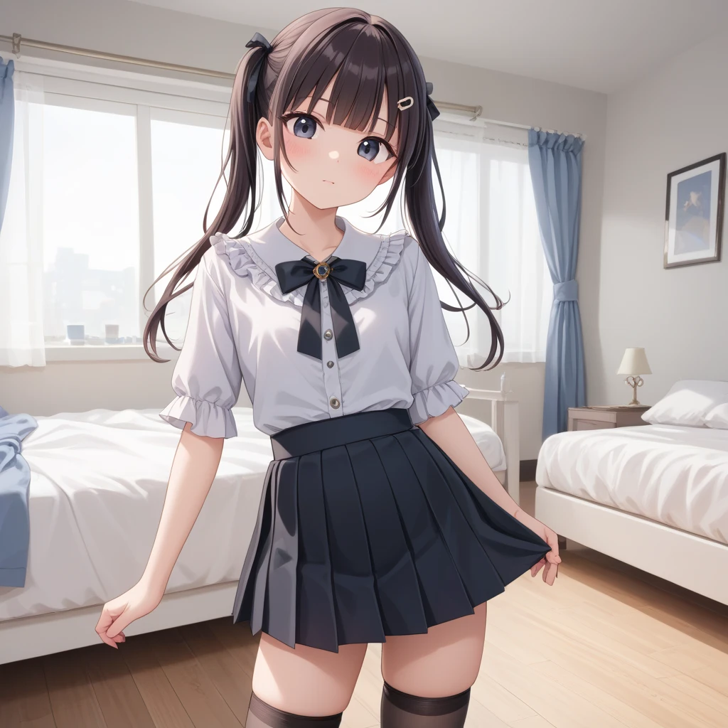 (Masterpiece, highest quality, high resolution, realistic photos, realistic looking skin:1.1),
(Woman shows her panties to us as she stands, sits, and crouches in the living room of her apartment: 1.8), 
(She looks happy and smiling: 1.5),
(She is wearing a sleeveless turtleneck knit in all black: 1.8),
(She is wearing a white flared pleated miniskirt:1.8),
(She is wearing white loose socks:1.8),
(Her panties are white with a pattern: 1.5),
(She has long brown hair: 1.5),
(She is 20 years old: 1.5),
(She is a model, so she is quite beautiful:1.5), 
(She has D-cup breasts: 1.5),
(She has beautiful legs: 1.5),
(The place is the living room of a luxury apartment: 1.5),
1 Japanese girl, solo, full bodied esbian, beautiful eyes, shining eyes, shining thighs, NSFW