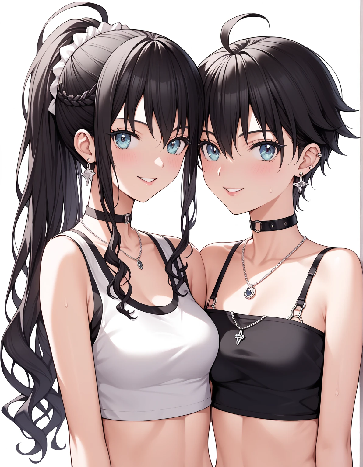 Anime style,masterpiece, high quality, 最high quality, ((Character design sheet, )),One girl,Slender figure,Small breasts,White tank top,White panties,heart-shaped pupils,Gray Hair,Blue eyes,(blush:1.1),choker,Upper Body,trembling,Sweat,Sweatdrop,heart, ((Heavy breathing:1.3)),