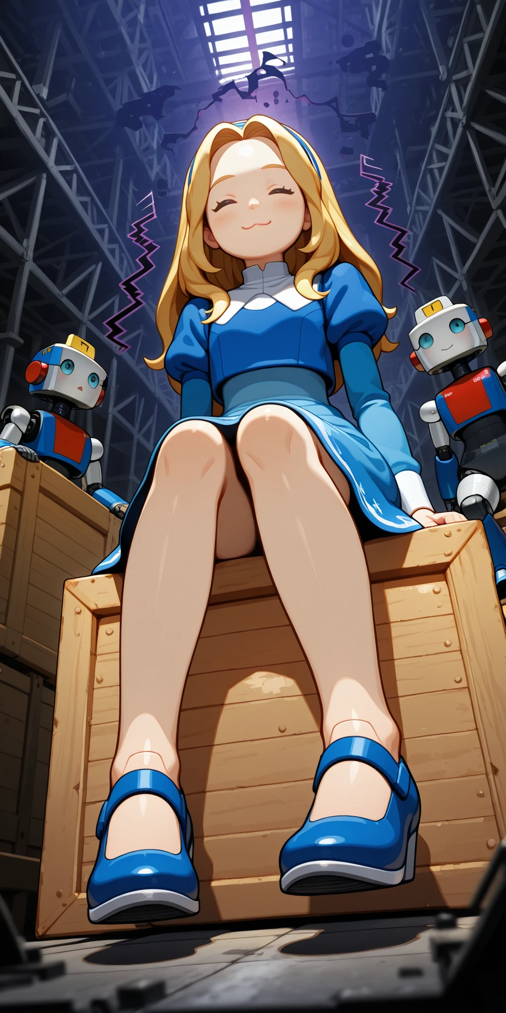 unifiedmaria, blue dress, puffy sleeves, medium skirt, shoes, blue footwear, (human:1.5),;(((hangar, sitting on a crate, from below))), (giant menacing robots in the background;1.4), (cute little robots at the foreground:1.3)