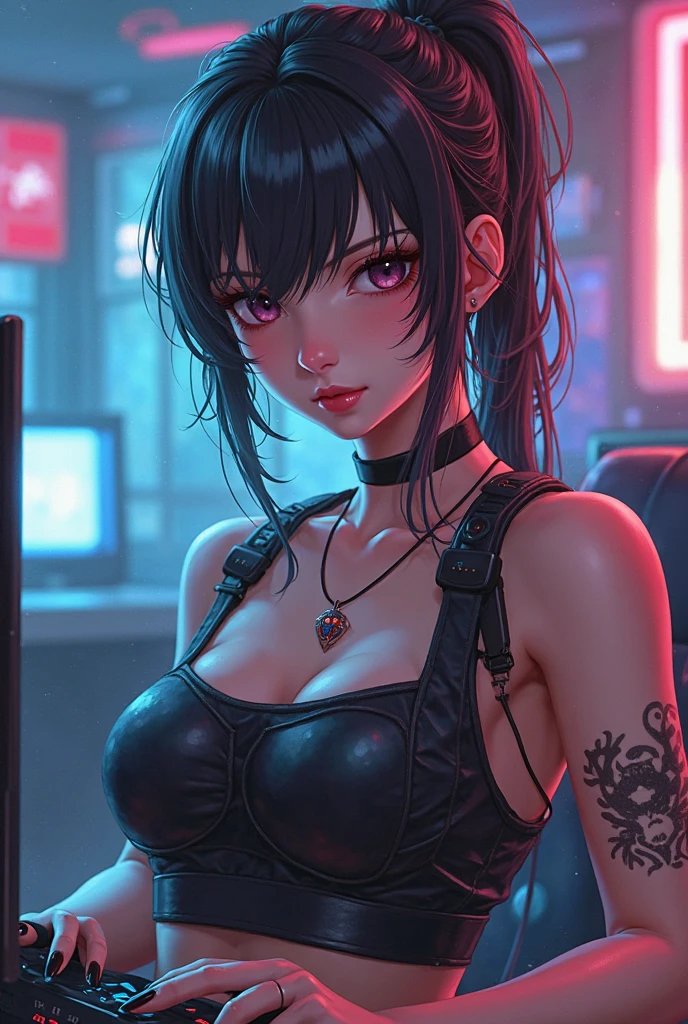Beautiful girl, smile, cyberpunk, ponytail, bust up, abs, hair ornament, open chest clothes, pants, glossy skin, big breasts, cleavage, poses that show off cleavage, sexy, short hair