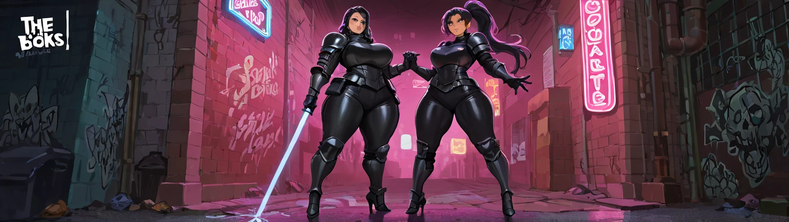 Two women standing in a neon-lit city, wielding swords. They are dressed in random skirts and leggings and top. The scene is illuminated with vibrant and colorful lights, creating a visually stunning atmosphere. The image is high-resolution, showcasing every intricate detail of the weapons, as well as the women's straight long hair. They are both 18 years old, with slim bodies and huge breasts (gigantic breasts), thick thighs, round ass. Their faces and eyes are meticulously detailed.