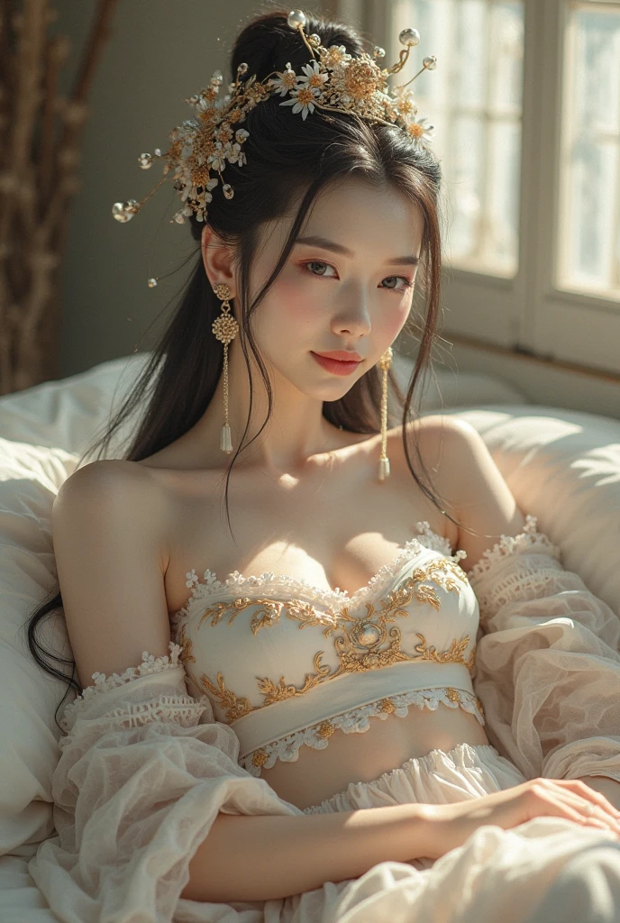 Woman in white chinese style nightdress, lying on one's side on bed、Single full-length portrait，The Queen's Wand、True Art Station, Rainstorm site, detailed fantasy art, Stunning character art, Beautiful and exquisite character art, Beautiful golden lace, Extremely detailed, Girl in shiny armor, Exquisite headdresses and jewelry, Full body capture,