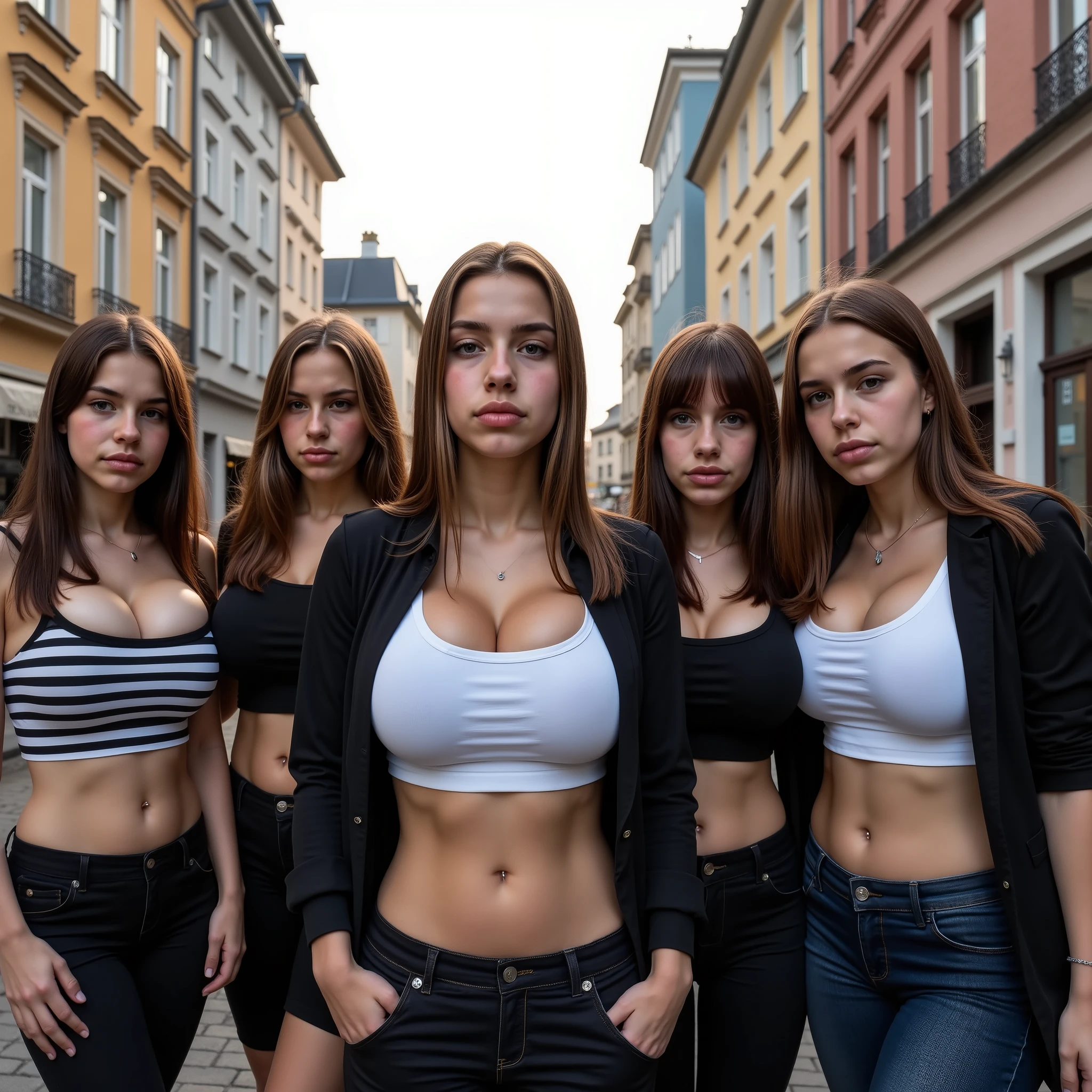 5 very young girls , s in casual street outfit , sehr sexy, gute Figur, stand next to each other in a busy alley in the city center. Big plump . very large lips , sehr volle Lippen. weit offener Mund, Zahnspange, Look angrily at the camera, very angry face . 16K, high resolution, best quality, super Details, strukturierte Haut, Meisterwerk, super-detailed textures, dramatic sky background, cinematic lighting, backlight, Meisterwerk, hohe Detailtreue.