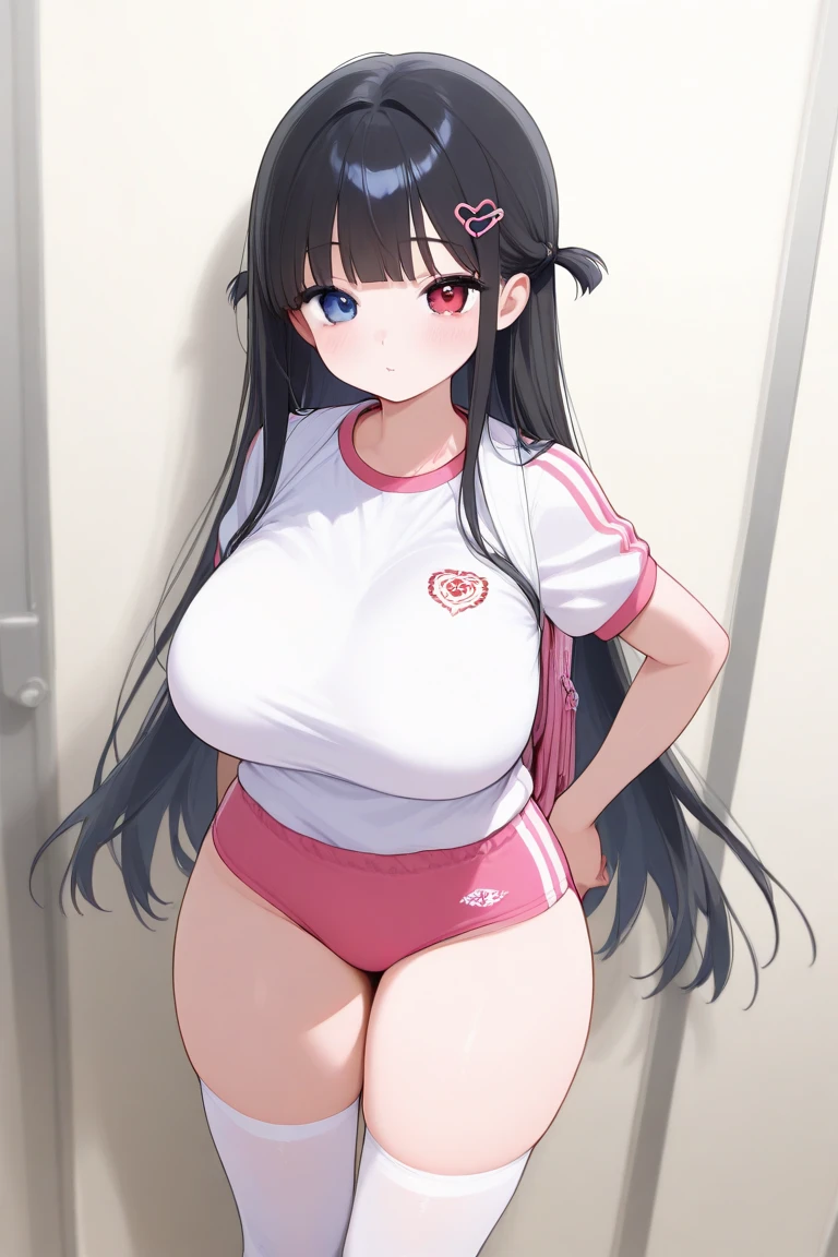 clothes tug,jacket_tug,1girl, track jacket, white shirt,<lora:HardZippingV1:1>,thighs, large breasts, sweat,blush,trembling,  hasumi \(gym uniform\) \(blue archive\), ponytail, red eyes, black hair, hair between eyes, halo,