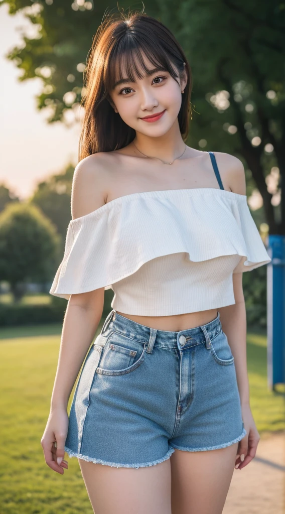Sexy cute looks and cute beautiful girl, Beautiful and sexy face、A strong wind blows my hair in front of my face、Blonde French braids with cute and sexy eyes hidden by long bangs、Off-the-shoulder T-shirt、Tulle miniskirt