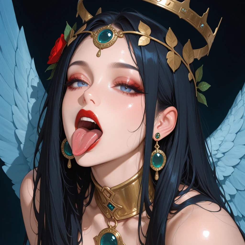 Make the character into a cute emo male androgen, pointy straight small nose, black sclera makeup around the eyes, black hair. One wing white other wing black.