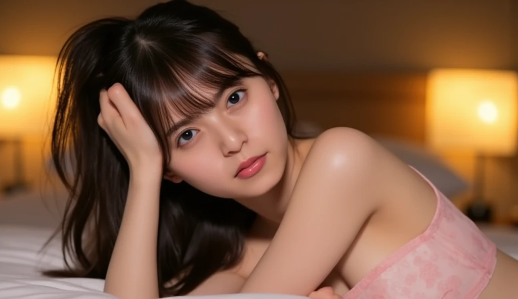 (Best Quality: 1.5), Charming 20-year-old idol, medium hair, shy and blushing expression, very small bust, slender body, , lying face down on a fashionable hotel bed, hand under chin