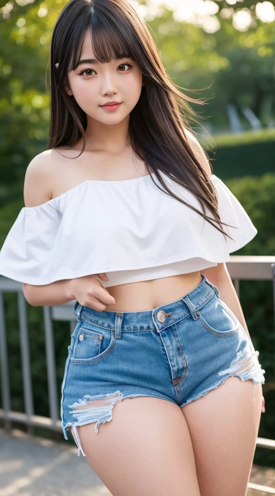 ((Best high quality:1.2)), (8k), extremely detailed, ((High detail:1.2)), (HotLexi woman), Solo, ((24 years old Korean Ulzzang female)), (mini-shorts, cropped strapless),