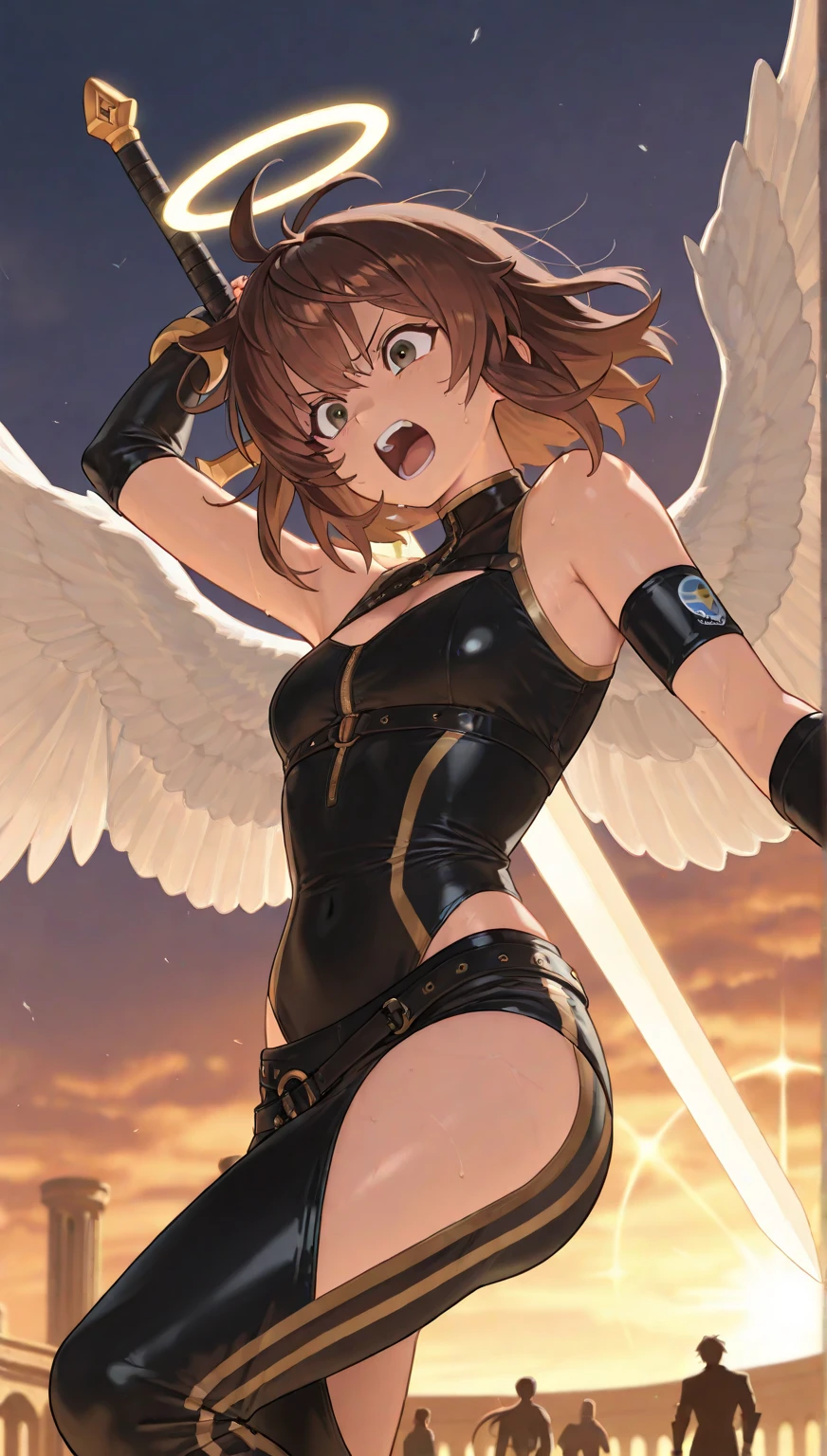 fantasy, 1angel_girl, loli,bwn_hair, medium_bob_hair, long_bangs, halo,bare_shoulder, thigh,silver_armor, blue_clothes,waist_armor, large_breasts,angry,grinning,open_mouth_ teeth, 1pair_wings, dynamic_pose_fighting,floating, bare_crotch, headgear,gauntlet, greaves,city_sky_background,slightly_spread_legs, solo