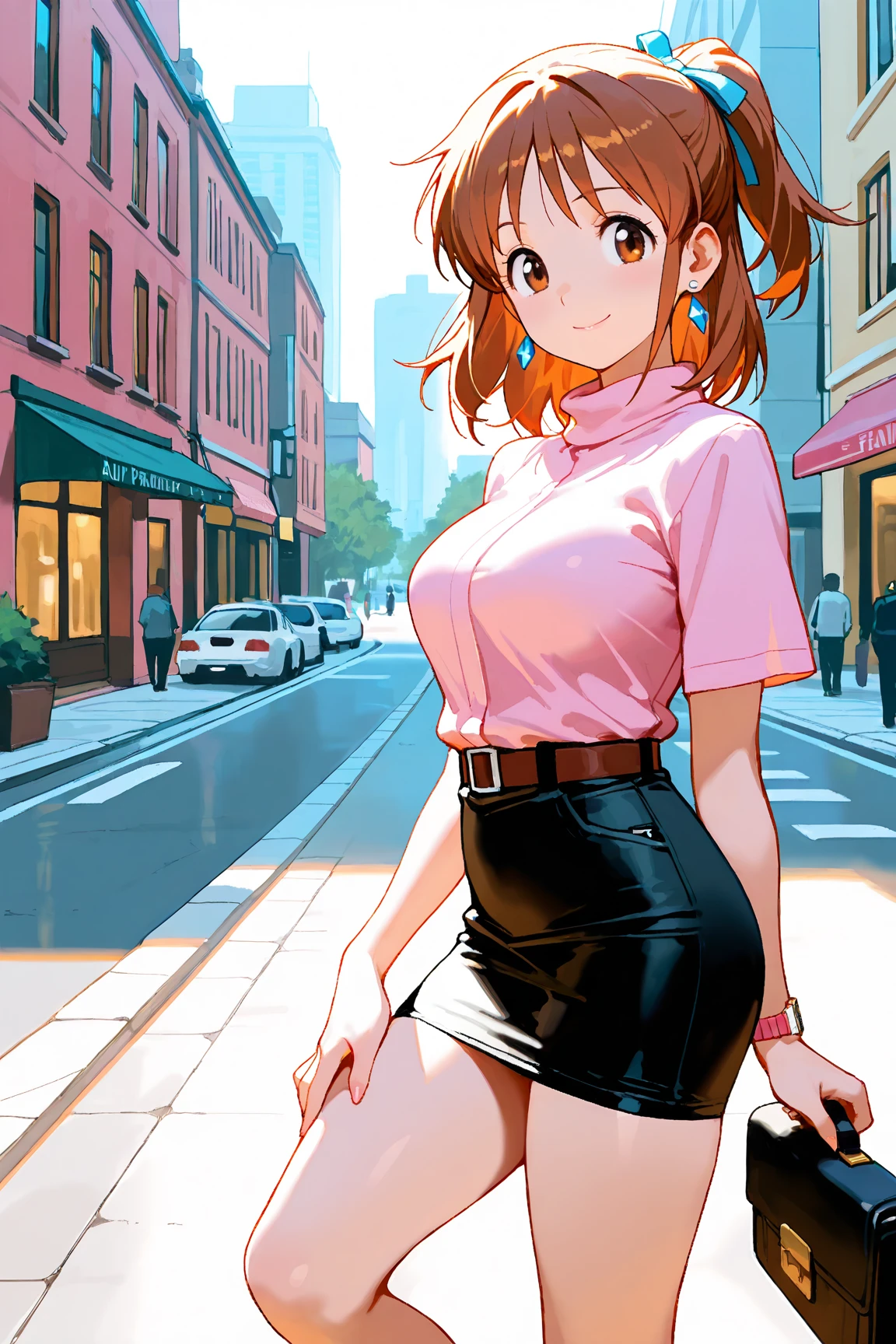 smile, (40yo:1.8), Anime style illustration of a housewife with brown hair in twin tails tied with pink ribbons, wearing a metallic bikini, and platform boots. She has large earrings and multiple bracelets, sparkling in the sunlight. Her expression is more distinctly cute and slightly emotional. The background is the busy Shibuya Scramble Crossing during a sunny day, with active people and colorful advertising boards, conveying urban vigor and energy.