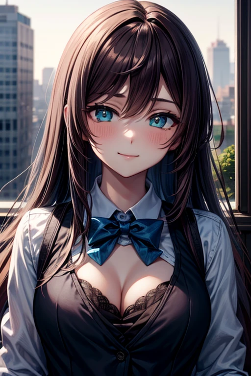 masterpiece,woman,student,Long Ponytail,smile,tall,Small Bust,Light,
Winning eyes,Black Hair,Slender,uniform,whole body,An empty classroom,
Accentuated breasts,Black Bra,High resolution,Looking up,Diagonal orientation,piece,White teeth