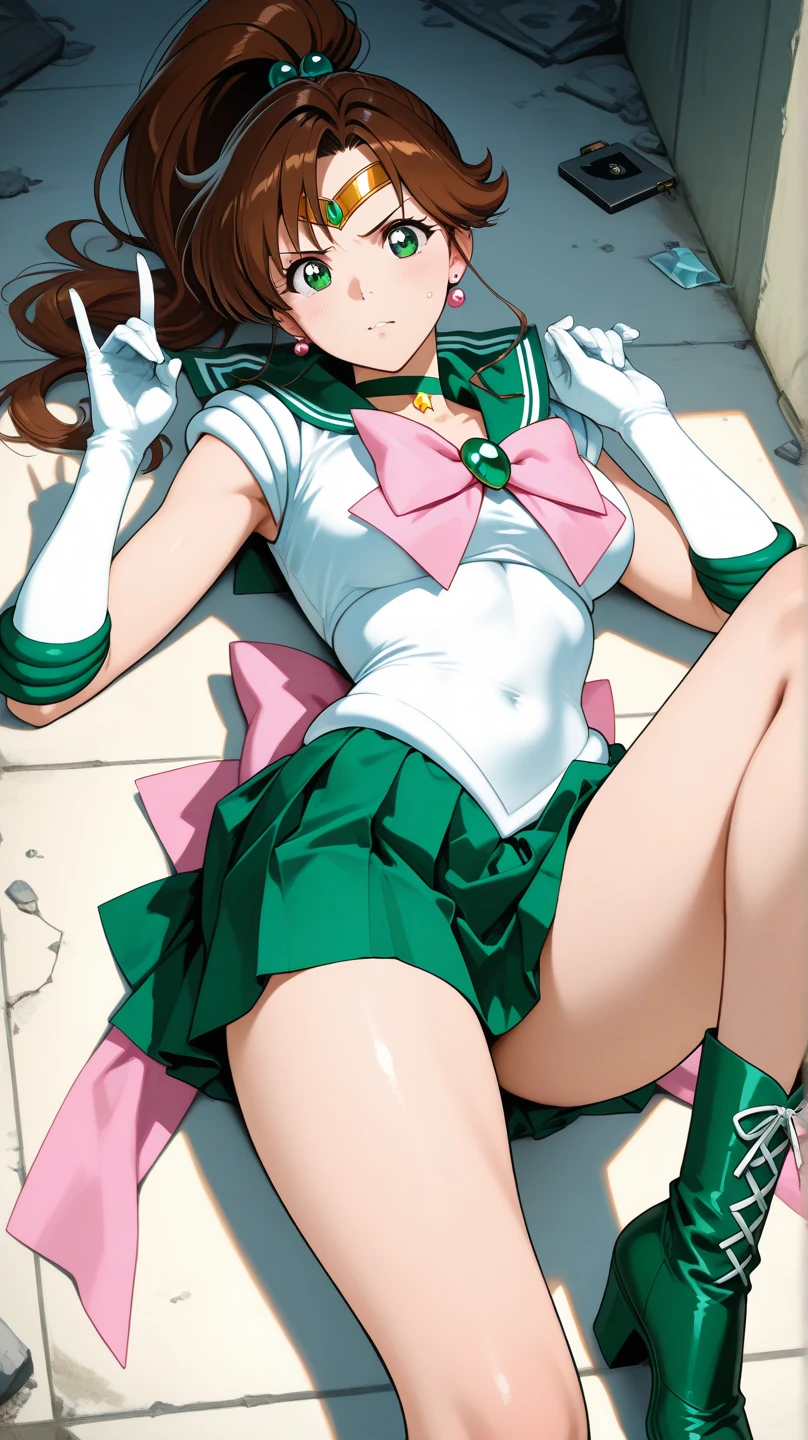 Sailor jupiter, 16-year-old, tenn, closed eyes, ponytail, tiara, jewelry, sailor senshi crop-top , green sailor collar, choker, elbow gloves, white gloves, pink bow, green panties, sleeping, decubitus supine, lying in the floor Empty, arms open up, legs open front to front, anime 90s