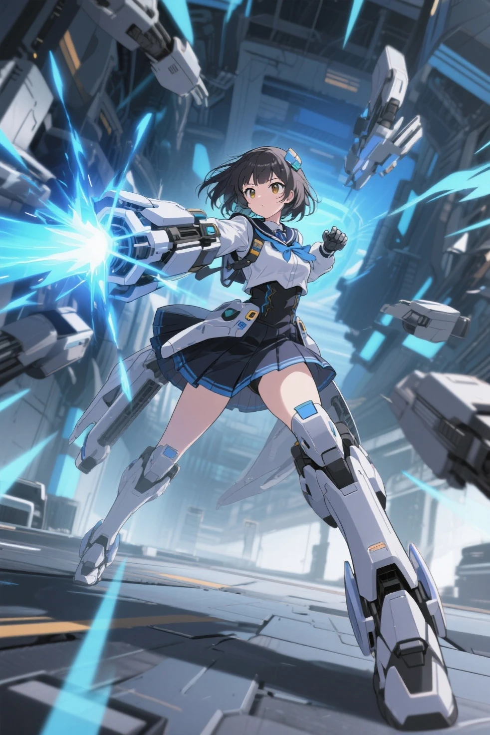 Extreme detail,masterpiece,futuristic city,girl with (energy shield):1.3,tight-fitting bodysuit,protecting herself from danger,using shield in battle,futuristic buildings,flying cars,shield growing brighter,repelling invader