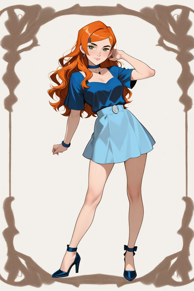 J’aimerai l’image entier d’un OC danganronpa fille en sprites, sans mouvement. Style de dessin: Danganronpa 2.
Elle a la peau claire, les yeux violets et les cheveux courts orange vif, attachés en queue de cheval bouclée et balayés vers la gauche avec un nœud papillon bleu foncé qui les maintient en place.
Elle porte une robe bleue décolletée et étriquée à col en V. Des fentes sont présentes sur l'encolure et de chaque côté du bas de sa robe, qui sont toutes deux attachées ensemble par de petits cerceaux dorés. Elle porte des bas résille marron maintenus par des porte-jarretelles et des talons bleus également. Elle a également un boa en fausse fourrure de couleur crème qui drape ses épaules.
Ses accessoires comprennent deux bracelets joncs dorés sur son poignet droit et un collier en chaîne noire avec un pendentif en forme de cerceau doré