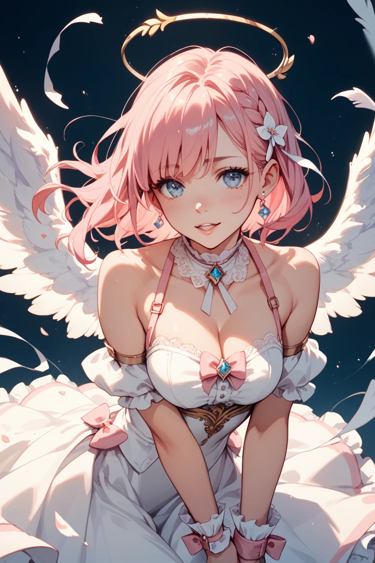 Beautiful aesthetic, Anime-Style, 1boy, Short hair, ((Flat chest1.1)), Cute, Wings, Ultra high definition quality, Soft features, Femboy, Adorable outfit, Cat ears, Colorful, White and pink outfit, Beautiful background, Aesthetic