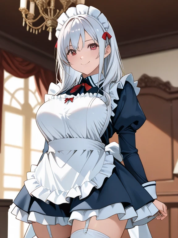masterpiece,best quality,ultra detailed,4K,super fine illustration,highly detailed beautiful face and eyes,professional lighting,cowboy shot,1girl,,gigantic breasts,glamor,(traditional maid collared shirt:1.3),long hair,poking,breast poke,smile,nose blush,embarrassed,shame,open mouth,looking away,indoors,dynamic angle,