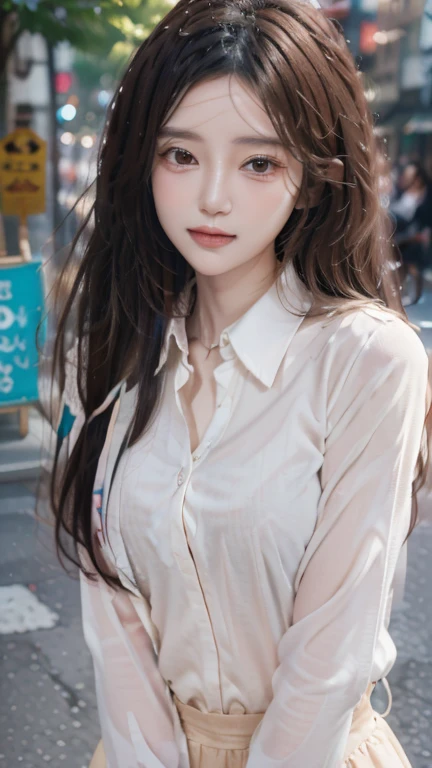 ((highest quality, 8K, masterpiece :1.3)), sharp focus :1.2, beautiful woman with perfect figure :1.4, thin abs :1.2, ((dark brown hair, big breasts :1.2)), (white button up long shirt :1.1), city street:1.2, Highly detailed face and skin texture, fine eyes, double eyelid