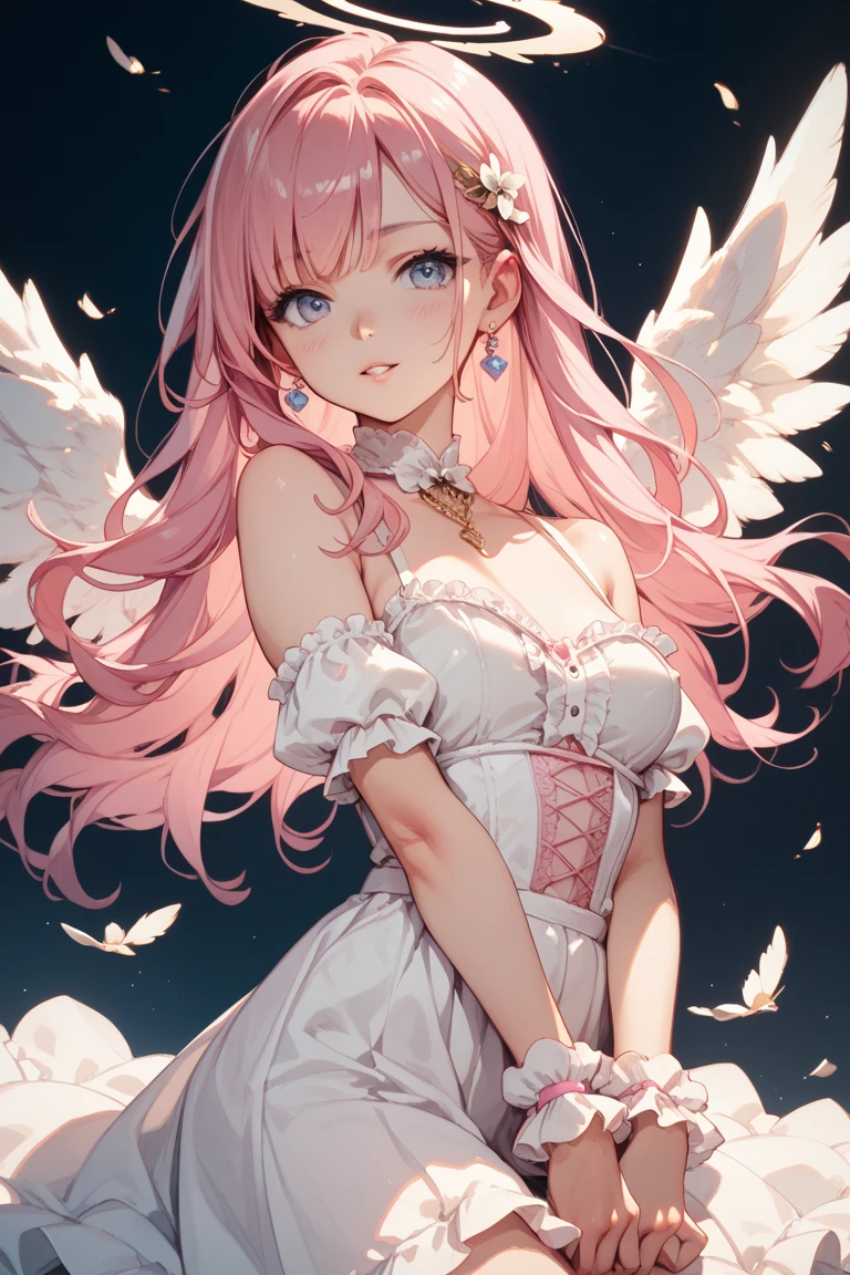 1 woman、爆乳、cleavage of the breast、Pale pink hair studded with stars、Long Lace Bale、Lolita clothes with lots of frills and ribbons、angel wings encrusted with jewels、A smile