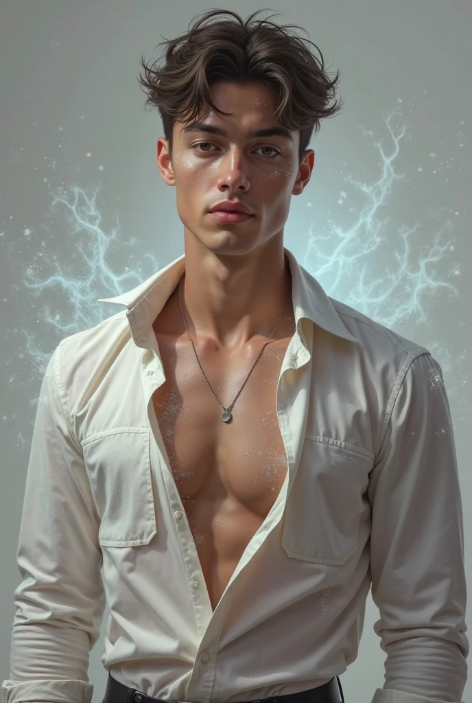Draw a realistic picture of Shawn Mendes wearing a transparent shirt,Aura