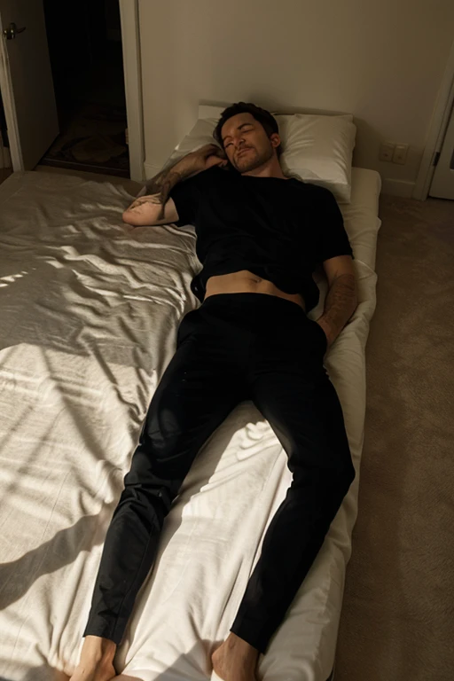 A sexy man with white socks and white gloves is under a sleeping woman in a bed 