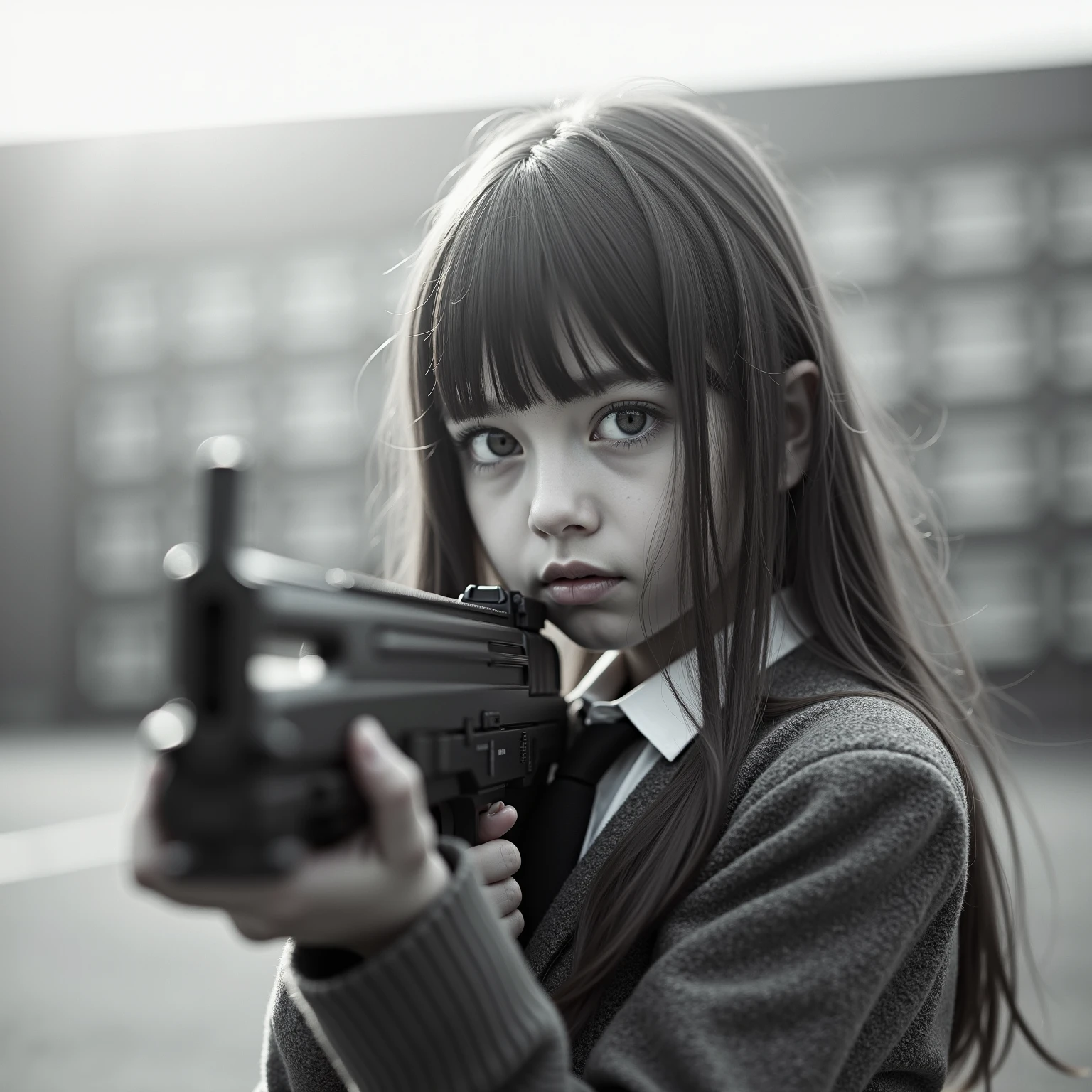 ((ultra-detailed)),  indoors, classroom, 1girl, solo, cowboy shot, (red hair), hair over one eye,  Glock17, shirt, skirt,  looking at viewer, looking down,(trigger dicipline), gun, holding gun, <lora:glock17:0.2>