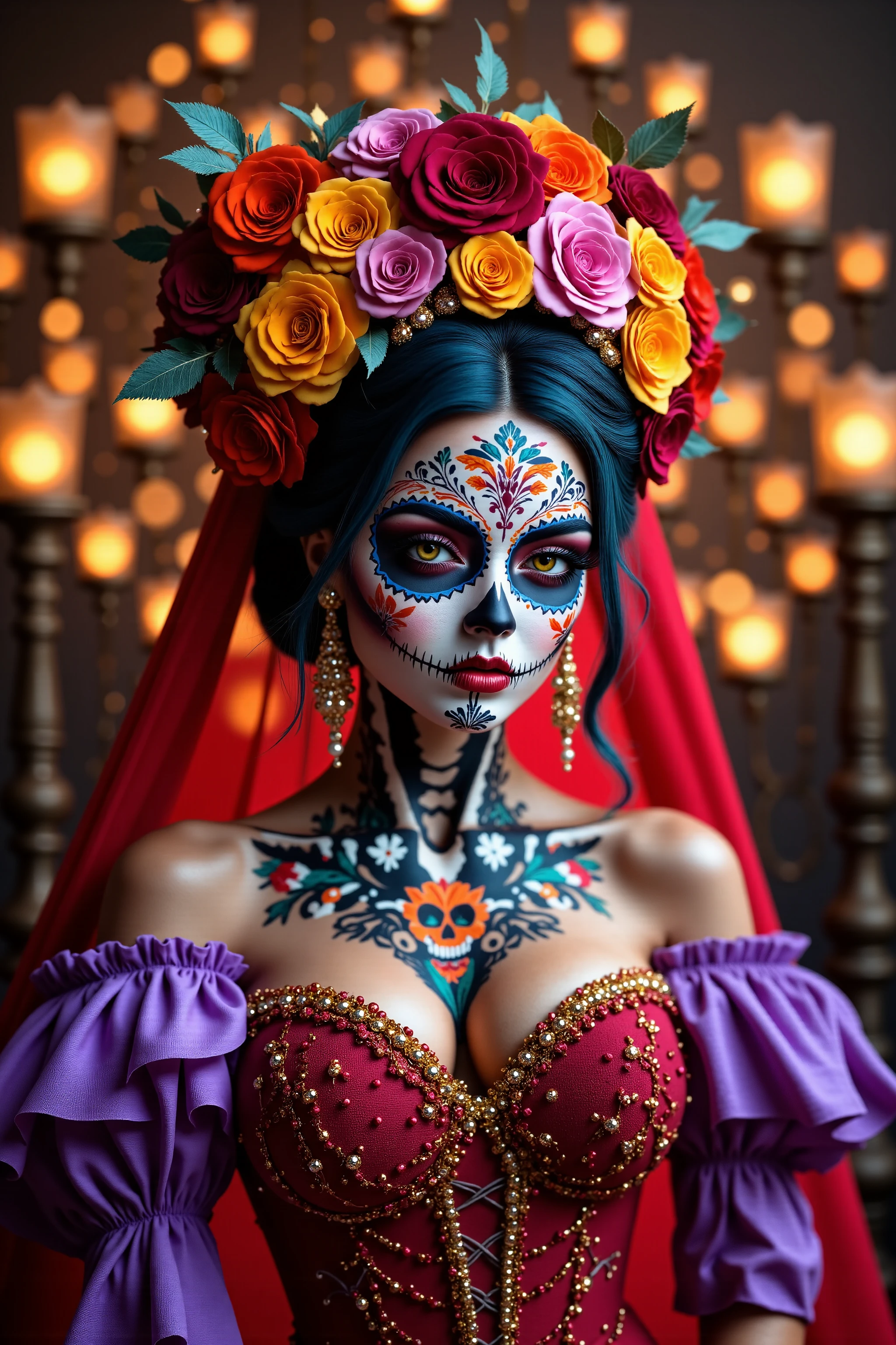 ultra-realistic, photo-realistic, ultra-detailed catrina, dia de los muertes, intricate, heavy, day of the dead face painting, detailed woman's face, high, 8k, hdr, uhd, studio lighting, ultra-fine painting, sharp focus, physically-based rendering, extreme detail description, professional, vivid colors, bokeh, dark fantasy portrait, oil painting, chiaroscuro lighting, dramatic colors, skull makeup, floral crown, ornate jewelry, dramatic expressionA regal figure stands adorned in a vibrant display of color and intricate details. She wears a striking, deep red dress with embroidered floral patterns, its corset laced up elegantly with golden ribbons. Her shoulders are draped in lavender ruffles decorated with lush floral motifs. Complementing her attire, a large crown of vivid flowers sits atop her head—roses in shades of pink, yellow, and orange—creating a striking contrast against her blue-green hair. Her skin is artfully painted with elaborate designs in dark blue, resembling ceremonial or tribal tattoos. Gold jewelry with intricate designs hangs from her neck and ears, adding a touch of opulence. Surrounding her are soft, glowing candlelight and blurred floral motifs in the background, enhancing the scene's romantic and mystical atmosphere. The setting evokes a sense of timeless beauty and enchantment.A striking image features a person adorned in traditional garments with elaborate accessories. The individual wears a rich red fabric that drapes elegantly around the shoulders, embellished with intricate beadwork and sequin patterns that catch the light beautifully. The centerpiece of the attire is a vibrant tattoo across the chest depicting bold ornamental designs in orange, blue, and red, suggesting motifs inspired by nature or cultural symbols.
The most captivating element is a large, ornate crown or headdress comprised of oversized, lifelike roses in hues of orange, red, teal, and white, adding grandeur and drama to the ensemble. Leaves and small decorative pearls are also tucked amidst the floral arrangement, lending a natural yet opulent appeal. The backdrop is kept minimal, allowing the vivid colors and elaborate details of the attire and accessories to stand out, evoking a sense of regal elegance and artistic flair.arafed woman with a red veil and a floral headpiece, portrait of a sugar skull, dia de los muertos. 8 k, celebrating day of the dead, close-up portrait goddess skull, dia de los muertos makeup, day of the dead, queen of the dead, dia de los muertos, dia de muertos, beautiful mexican womanarafed woman in a red dress with a skull make up, dia de los muertos. 8 k, dia de muertos dress and make up, dia de los muertos, dia de muertos, celebrating day of the dead, day of the dead, dia de los muertos!!, close-up portrait goddess skull, ( dia de los muertos )