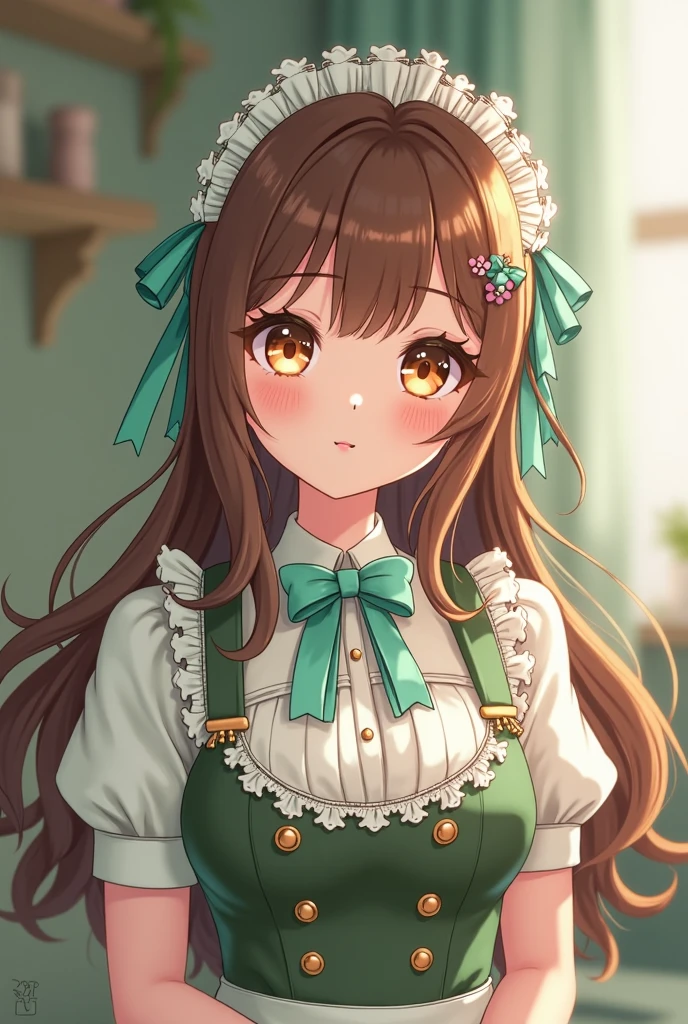 1girl, maid, ((twintails, brown hair):1.1), green eyes,cherry blossoms, sunbeam,(white thighhighs,:1.1)
