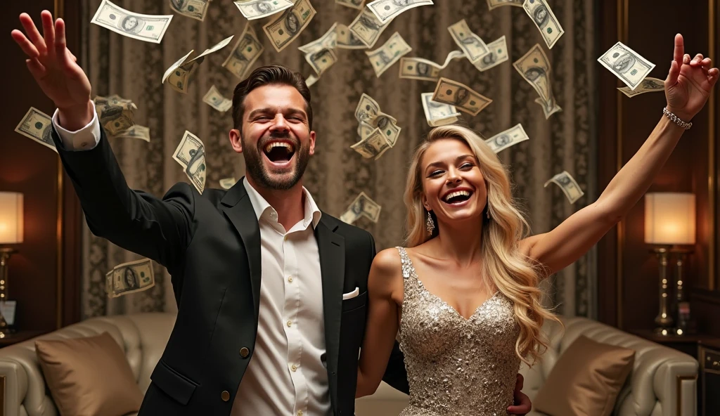 Create an image of a rich and powerful man and woman, surrounded by money, gold and diamonds, happy and enjoying luxury.