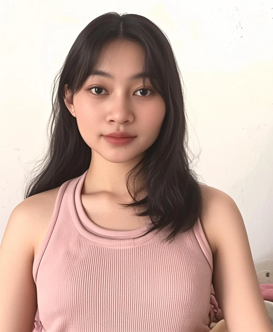 realistic, ultra detailed, selfie photo display, taken selfie, a 16 year old teenage girl, wearing an Indonesian high , beautiful face, sweet face, hands 1:3, sexy expression, showing cleavage, in the room, on the bed ,