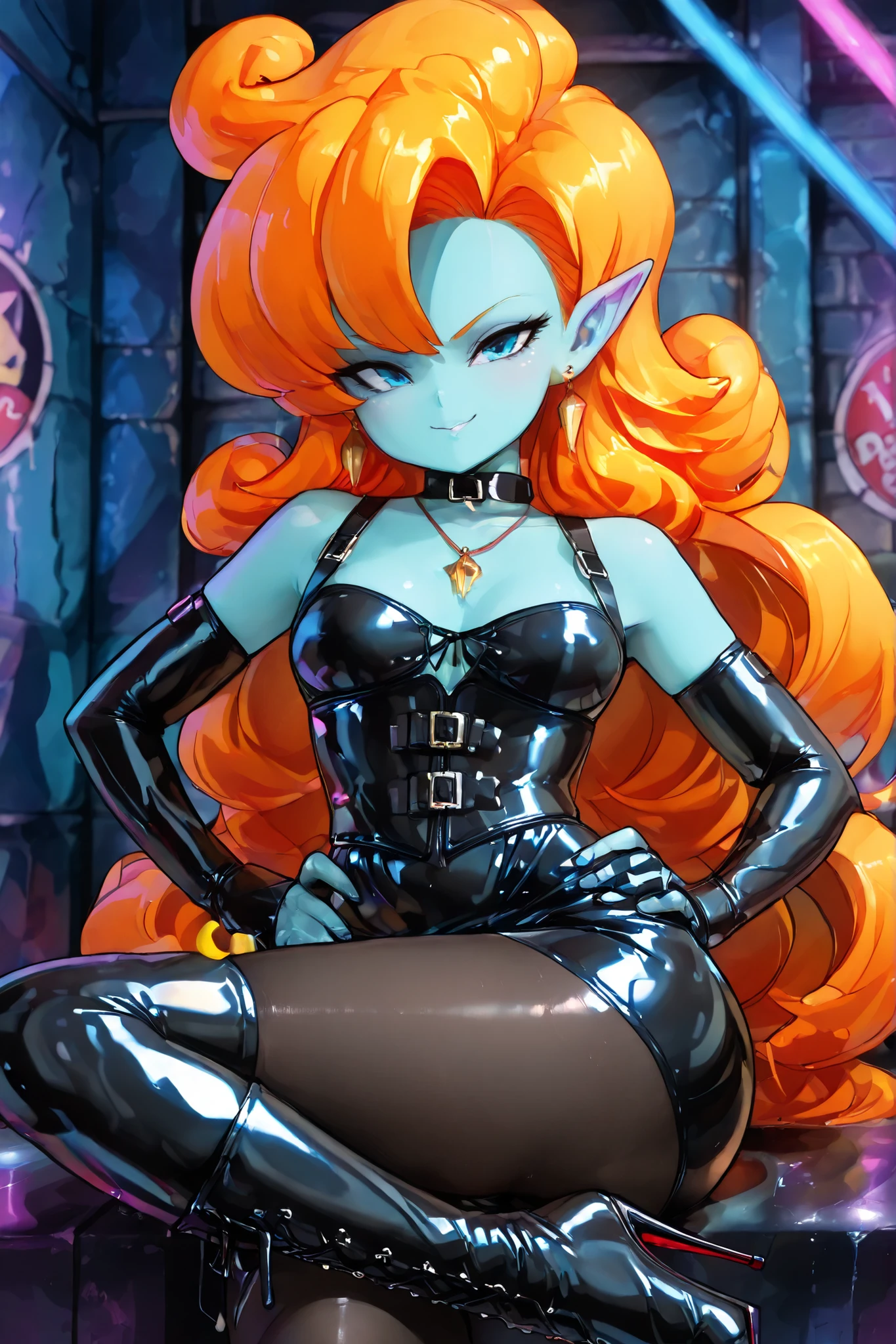 (((sitting cross-legged)))、、、Queen、、(((1 person)))、(((solo:1.8)))、(((black latex elbow gloves:1.4)))、(((black latex corset dress:1.4)))、(((corset dress is decorated with beautiful lace)))、(((Corset Dress with Shoulder Straps)))、(((black latex tight miniskirt:1.4)))、(((black thigh-high boots:1.4)))、(((Black rubber tights:1.2)))、(((stiletto heel boots:1.4)))、(((Stiletto Boots:1.4)))、(((black latex high leg panties)))、(((black latex bra)))、(((Black leather collar)))、(((pose:1.4 )))、Wide legs:1.2、(((erotic)))、(((cowboy shot)))、close-up、(((place your hands on your hips)))、beautiful eyes with highlights、Completely Bound、perfect 2 anatomical arms、perfect anatomically based 2 legs、(perfect 4 fingers and 1 thumb)、最高masterpiece、masterpiece、absurdres、High Definition、Hi-Res 8k、detailed faces with ofisu、detailed eyes、Detailed Hairstyle、masterpiece, top quality, solo, twisty, Beautiful Eyes,  waist, wide hips, Zanja , blue eyes, blue skin, pointed ears, orange hair, curly hair, long hair, Big Hair,  jewelry, necklace, Sleeveless clothing, Bare Shoulders, Best, butt under pants, white baggy ,  ,        , Smile, Staring at Viewers, cowboy shot,  ,