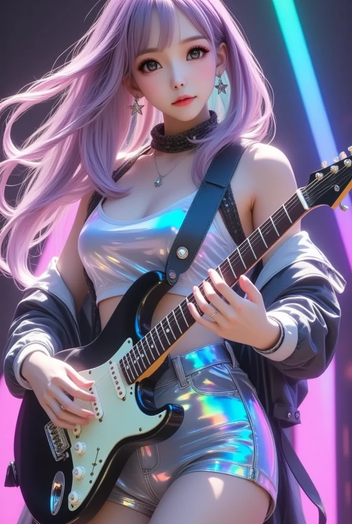 Toy doll anime girl playing guitar on neon stage, enticing, Mischievous smile, Muse, Stunning, Ultra-realistic volume detail, Unreal Engine