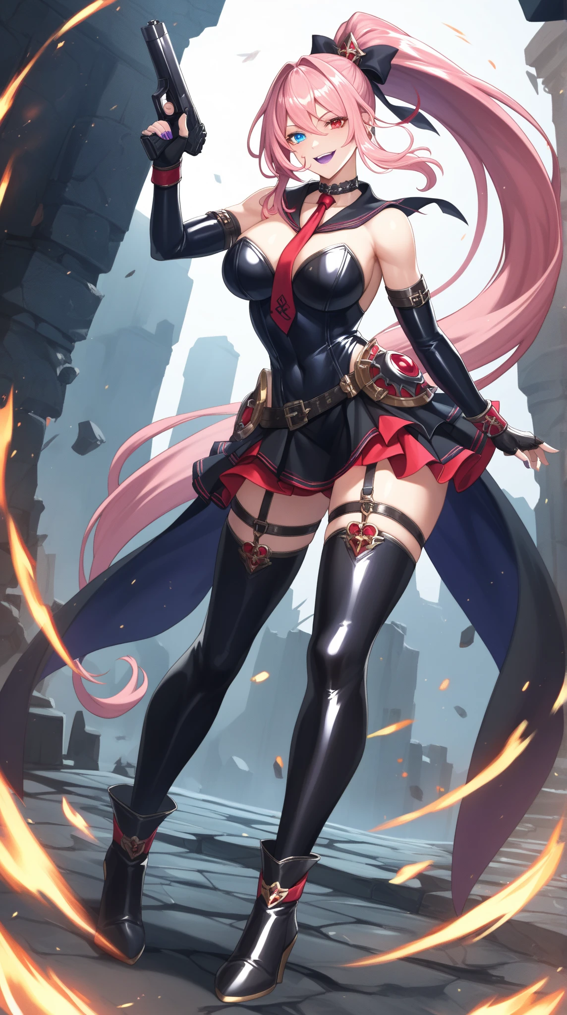 最high quality、Best image quality、masterpiece、girl((Age 25、 By becoming、Best Bust、Medium Bust,Wide open breast tea、Red glowing eyes,Black hear、Red Mesh、Disheveled Hair、Lointail、thin,The highest valley、Open chest、Luminous Wristbands、hair ornaments、Show the whole body,Black Ninja suite、revolver、scar、Full body scar、Fighting Pose)),high quality、Beautiful art、background((night,ninja word))、Flight、Flying debris、Written boundary depth、movie、Visual Arts、Perfect art、8K,Genuine,