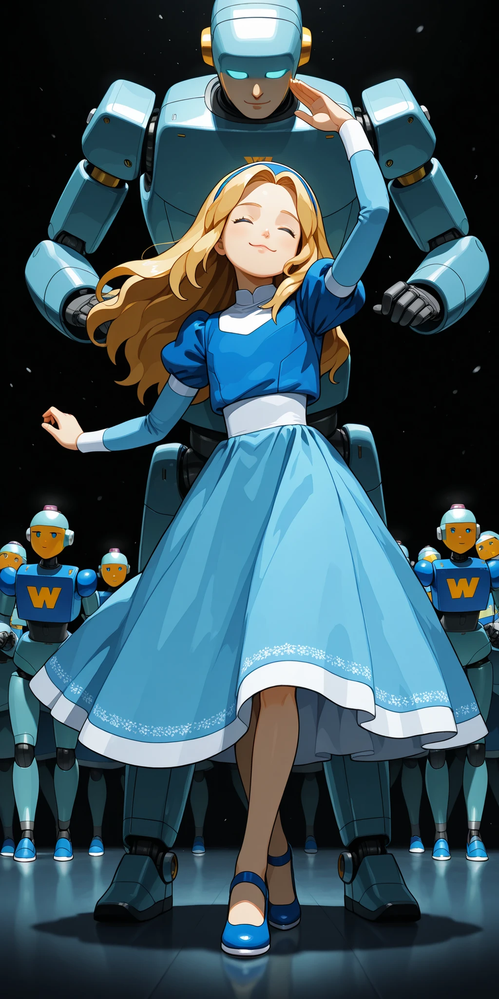unifiedmaria, blue dress, puffy sleeves, medium skirt, shoes, blue footwear, (human:1.5),(((dancing))), (giant robotnik style robots in the background;1.4), (cute little robots at the foreground:1.3)