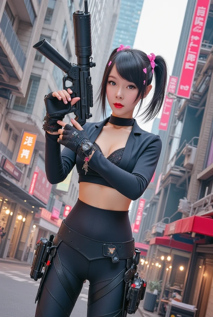 Anime girl dressed in black standing holding a submachine gun,The background is a written sign "ROSS DARK", small and curvy, demon anime girl, mika kurai demon, visual de anime de uma linda garota, another anime girl is next to her,The other girl has the same characteristics,Animes de arte inicial , com olhos vermelhos brilhantes, estilo de arte anime moe, de vestido, linda garota de anime agachada, linda garota de anime