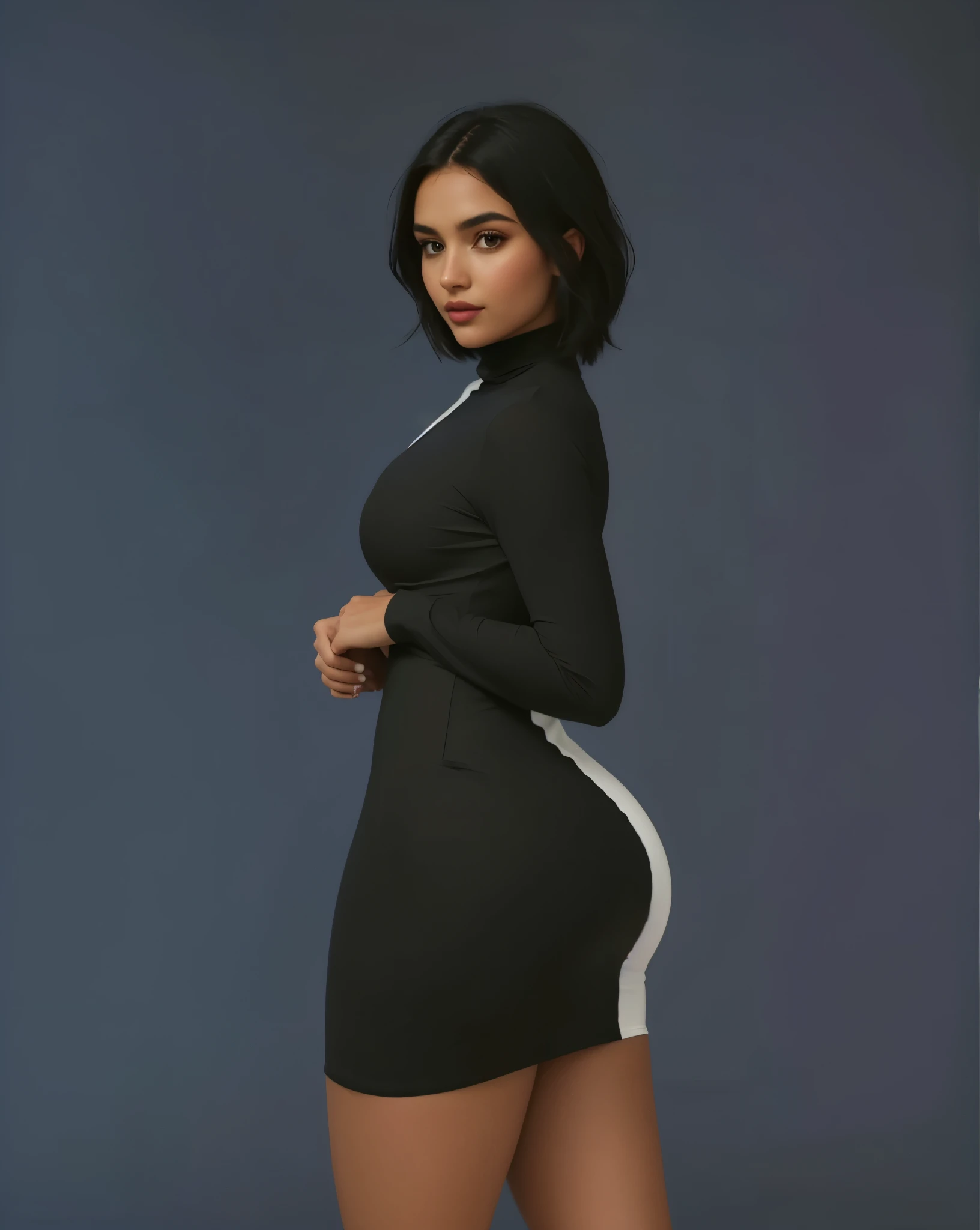 White utopian futuristic starship interior, side view, on white cube(Beautiful teen girl, Yara Shahidi, KIKI Layne, Kylie Jenner, Maitreyi Ramakrishnan, young Jessica Alba), Wearing tight white and black cotton-Lycra-fabric long sleeve futuristic mini dress, slim waist, beautiful soft thighs, (HDR, 8K, perfect lighting, vivid, vibrant, detailed: 1.4), (hyper realistic, movie graphics), ray tracing, cinematic lighting, starship window, sunset sky outside of the window