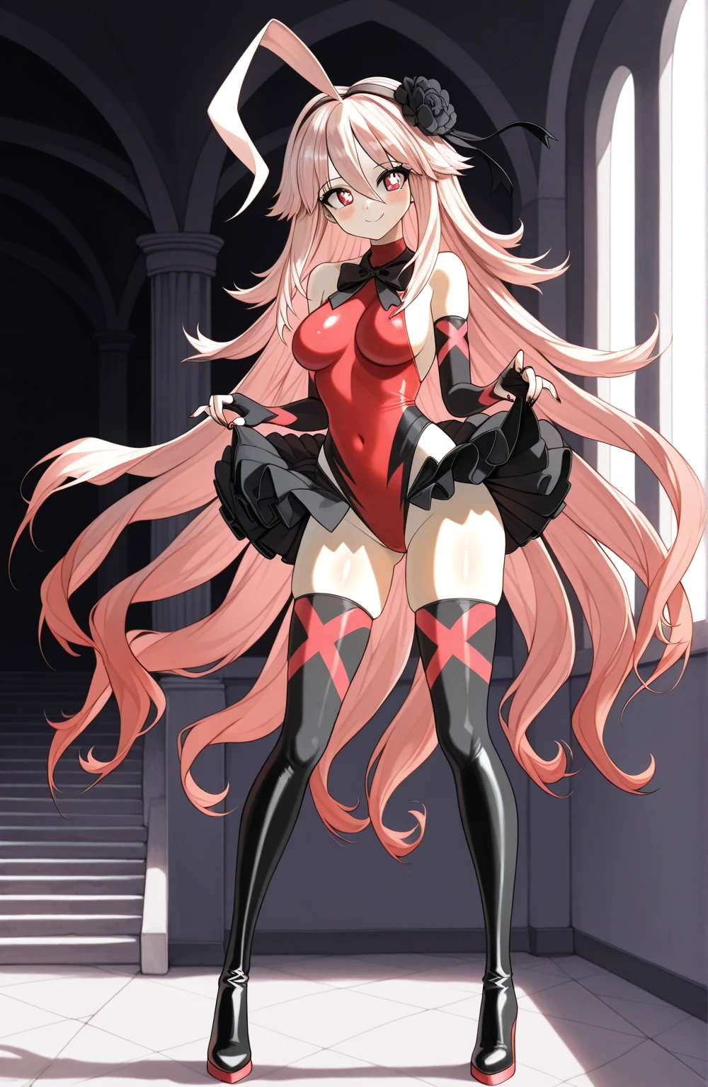 masterpiece, best quality, very aesthetic, absurdres, 1girl, mature_lady, ,,yuzuriha_inori(guilty_crown), guilty_crown, 1girl, floating_hair, low_twintails, hair_ornament, linea_alba, long_hair, medium_breasts, pink_hair, red_eyes, bare_shoulders, narrow_waist, navel, black_pantyhose, red_thong, red_and_orange_clothes, floating_clothes, open_clothes, Splited skirt hem, very_long_skirt_hem, detached_sleeves, very_long_sleeves, fingerless_gloves,sexually_suggestive, handjob_gesture,in school, in college,floating_hair