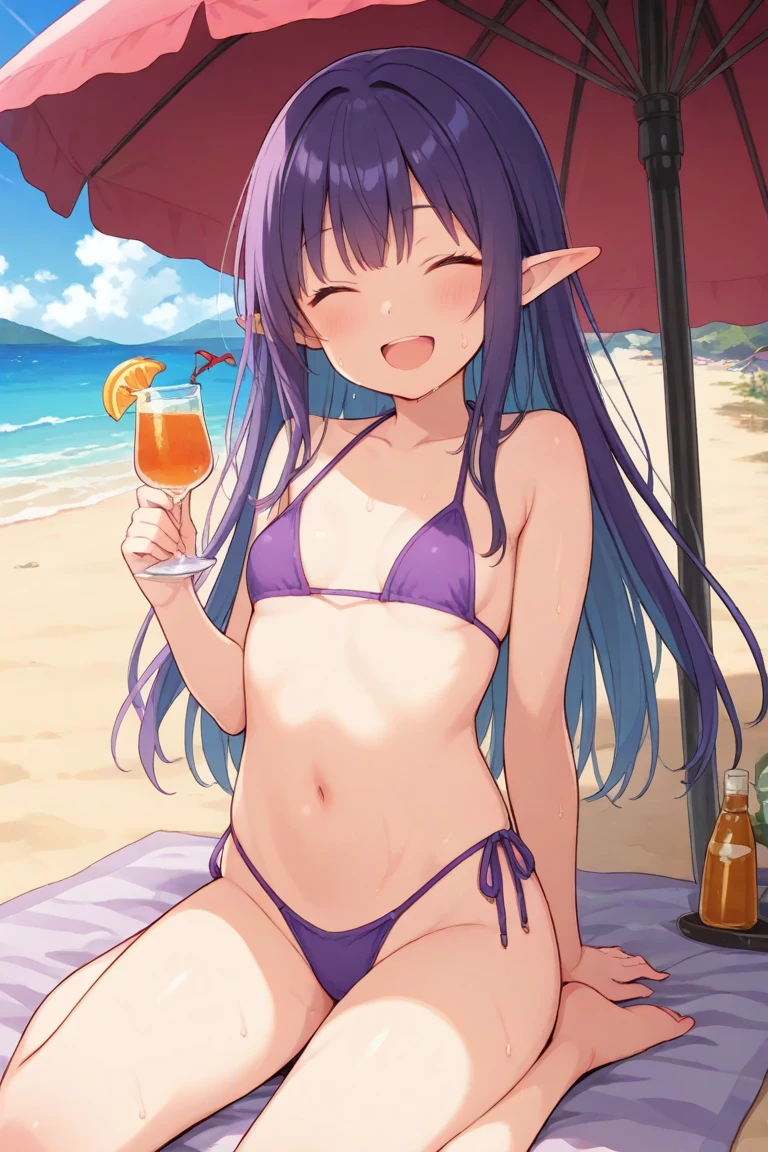_asura style, 1girl, swimsuit, megumin, bikini, small_breasts, red_eyes, breasts, red_bikini, day, hat, outdoors, bandaged_leg, brown_hair, sky, open_mouth, short_hair_with_long_locks, ocean, cat, cloud, blue_sky, headwear_removed, beach, bare_shoulders, bandages, hat_removed, witch_hat, sitting, bangs, solo, smile, sidelocks, black_cat, short_hair, from_side, arm_support, bare_arms