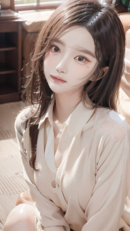 absurdres, (masterpiece, best quality), (ultra-detailed), extremely detailed,super high resolution, (Top Quality photorealistic Illustration), (Super Definition), (best quality,masterpiece:1.0),(cute illustration:1.3), (high Saturation:1.2), highres, ultra-detailed, 32k,8k resolution, intricate details, cinematic scene, detailed background, Soar (High chroma),(Sparkling),bathroom, BREAK (1 girl)  (kawaii:1.6), (cute:1.6), Beautiful and delicate eyes, Delicate and beautiful face, Facial accents, Perfect figure,(open shirt:1.6), (show off nipples:1.6), (exposing bare breasts:1.3), (exposed chest:1.3), (medium breasts:1.3),,Uniforms、bright expression、poneyTail、Young shiny shiny white shiny skin、Best Looks、Natural black hair with dazzling highlights、shiny light hair,、Super long silky straight hair、Beautiful bangs that shine、Double eyelids、eye liner、Glowing crystal clear attractive big brown eyes、Very beautiful nice cute 14 year old Nordic girl、