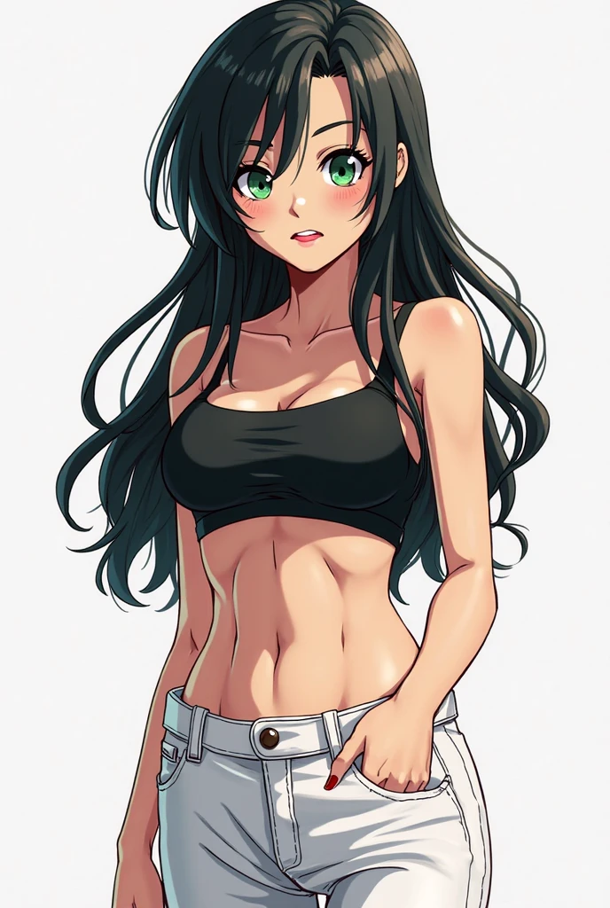 Amazing portrait of a sexy woman wearing her long straight luscious black hair, seductively gazing and smiling, soft lips, parted, blushing intensely, smiling, olive green crop top, white cargo pants, white shirt, medium chest, cleavage, perfect body