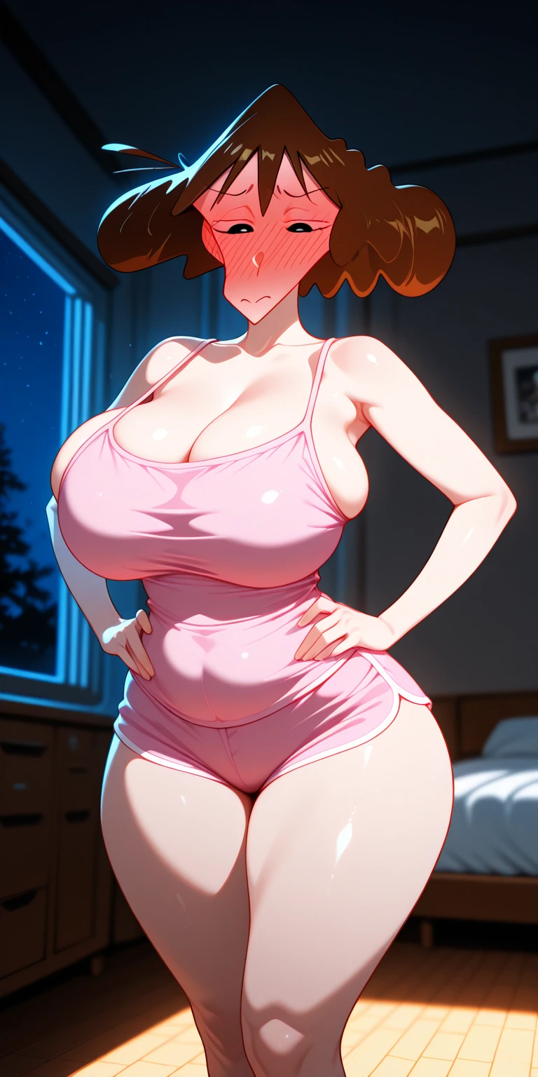 Misae Nohara, pantiy、undergarment、s ass、Thigh、bustshot、Looking at Viewer, View here、Looking at the camera、nffsw、Face exposed to light、Sparkling eyes、Lively eyes、Crisp Contours、Clear contour lines、Clear contour lines、Detailed contours、Blue eyes、Big eyes、Clear eyes、clearly defined eyes、A smile、A smile、Proud face、which are full of confidence々Face、cute  face,((masutepiece)),((Best Quality)),Ultra-detailed,illustratio,explicit,Beautiful body,Beautiful nose,Beautiful character design,Perfect eyes,Perfect face,Wallpaper,超A high resolution,4K,Photography,(Beautiful, Large breasts:1.2),(Beautiful face:1.2),(Beautiful legs, Perfect legs),Shiny skin,official style,1girl in,​masterpiece、Top image quality、Detailed details、One girl，Large breasts、huge-breasted、